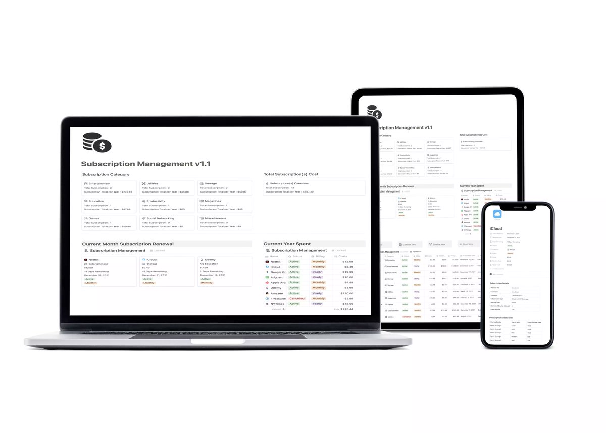 HowToUseNotion's tweet photo. A simple #notiontemplate for keeping track of all of your #subscriptions in one spot.
#subscriptionTracker
A person subscribes to a minimum of 10 services as per the latest survey. https://t.co/o8LRsRM2PZ