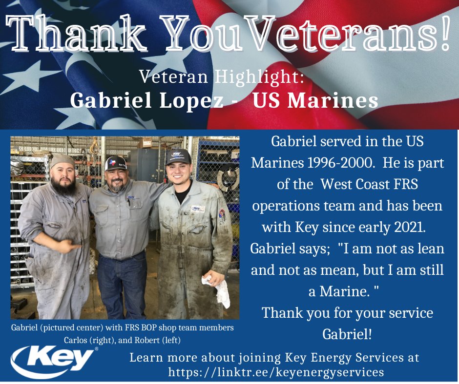 KeyEnergySvcs's tweet image. We thank Gabriel in our Veteran highlight. He and the West Coast BOP shop team were treated to lunch as a thank you to Gabriel for his US Marine service.  Learn more and apply at  linktr.ee/keyenergyservi…

#keystrong #militarycareers #oilfieldstrong  #hiring  #military #veterans