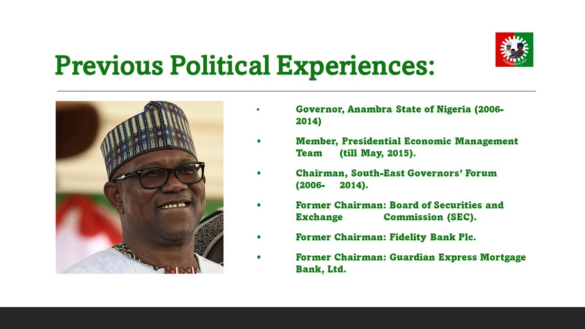 Emmiyke's tweet photo. REPOST: 
ACTION: Appropriate party logo used. 
It's good to know your candidate. 

below are slides of some of @PeterObi's achievements. Read it, Verify it and Share it!!. we need a better Nigeria. 
@firstladyship
 
@Jack_ng01
 
@Chude__
 #TakeBackNaija https://t.co/ryomnw3iS1