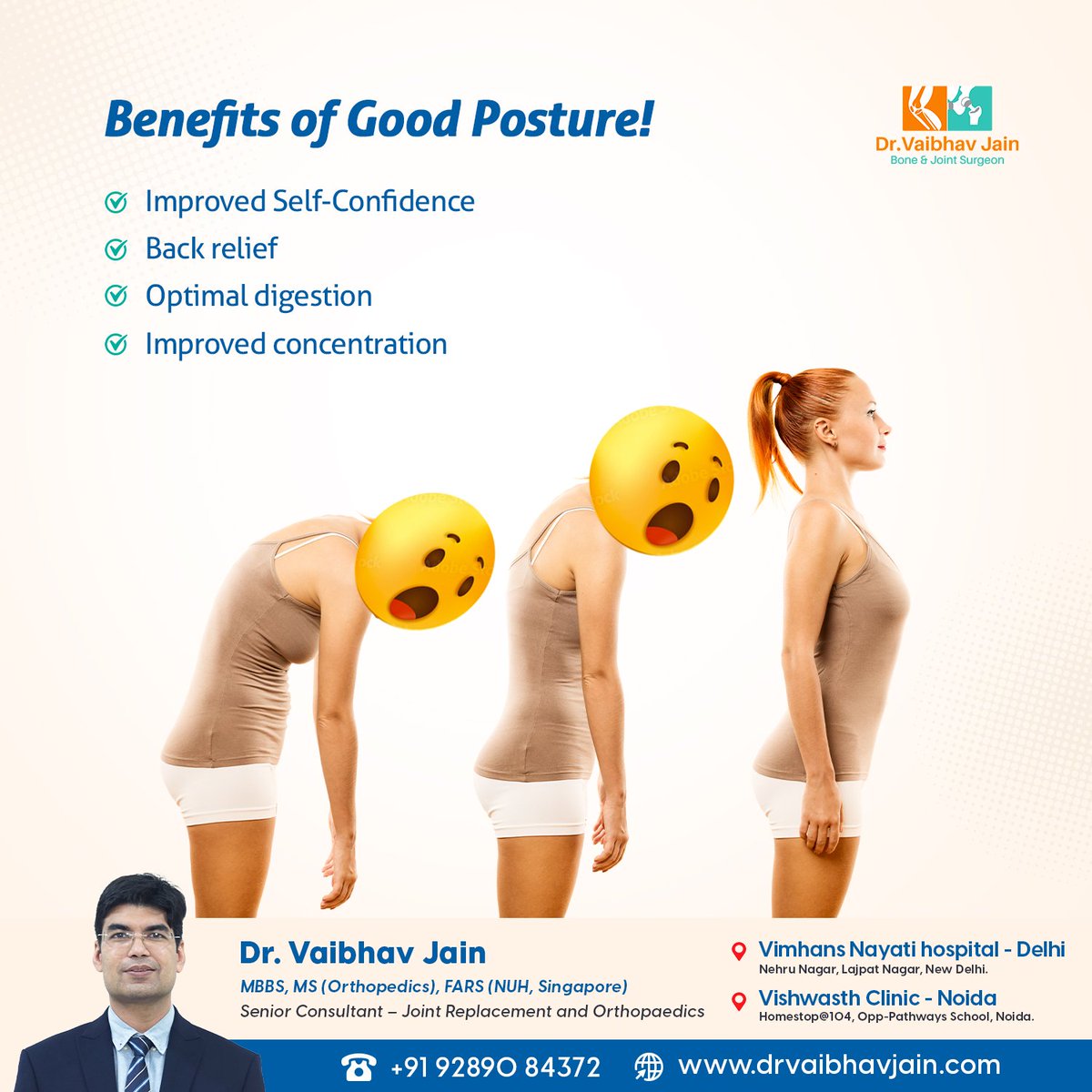 drvaibhavjain's tweet photo. Benefits of Good Posture!
- Improve Self-Confidence
- Back relief
- Optimal digestion
- Improve concentration
Call for Appointment: 9289084372
Visit: https://t.co/ltlxkUQTMN
#kneereplacement #hipreplacement #jointreplacement #orthopedics #jointpain #jointtips https://t.co/ybaitMDhm6