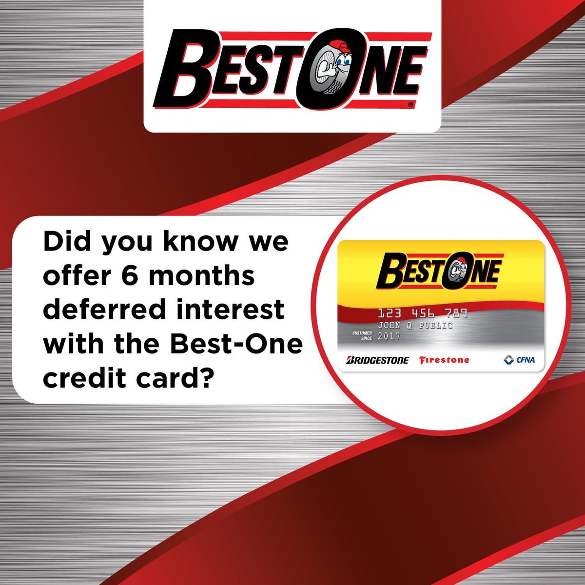 Best1Indy's tweet photo. Do you have a Best-One CFNA card? 
😍 Yay! Enjoy savings all year long! 🎉
😣 No. No worries! We got you.
💻 Go go https://t.co/1RPZSt0LZz to sign-up today 

Tires &amp; service now. Pay later.🛞🛞🧰🛠

#tires #autoservice #paylater #wearebestone https://t.co/yULKdB4NVj
