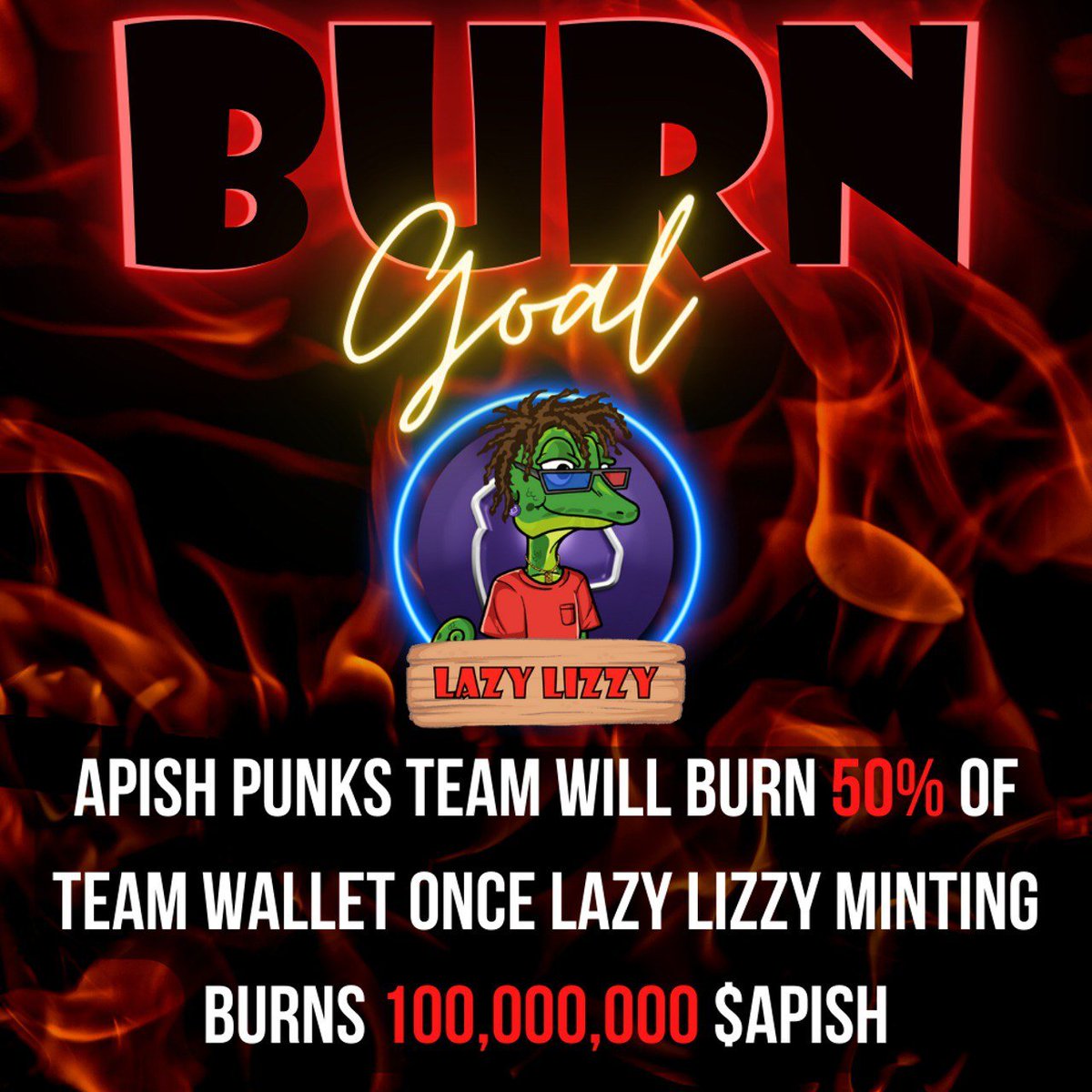 Hey $APISH fam...!!! 🔥At the time of this post, approx. 84,000,000 $APISH Tokens have been burned.

<a href="/ApishPunks/">APISH.ME Official 💫</a>
Team Will Burn 50% of team wallet once  we reach 100,000,000 Tokens Burned 🔥

Mint your #LazyLizzy🦎at lizzy.apish.me lizzy.apish.me