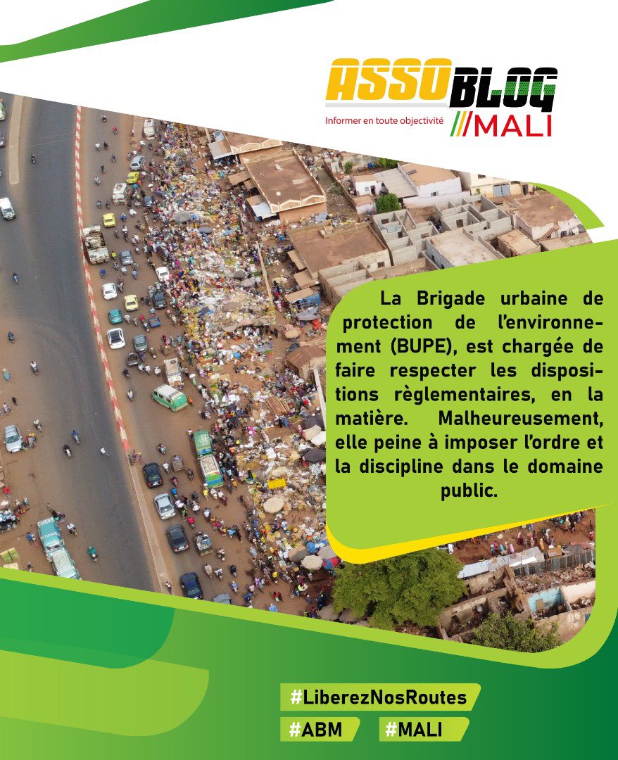 AssoBlogMali's tweet photo. La Brigade urbaine de protection de l’environnement (#BUPE), est chargée de faire respecter les dispositions règlementaires, en la matière. Malheureusement, elle peine à imposer l’ordre et la discipline dans le domaine public. 

#LiberezNosRoutes #ABM #Mali https://t.co/6kFuYo32C7