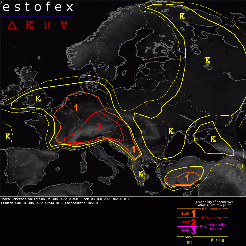 Estofex's tweet photo. Storm Forecast: Level 2 issued by Tuschy for period Sun 05 Jun 2022 06:00 - Mon 06 Jun 2022 06:00 UTC - https://t.co/fliB9QqhPJ
 - https://t.co/uGhJUEb61l