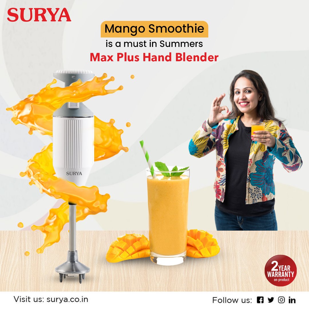 surya_roshni's tweet photo. Summer is incomplete without a glass of mango smoothie make it Surya Max Plus Hand Blender.
Visit us at- https://t.co/AGhbNZRuUO

#Surya #SuryaAppliances #Summers #HandBlender #HandBlendingMachine #MangoSmoothie #MaxPlusHandBlender #HandMixer #KitchenEssentials #KitchenAppliances https://t.co/g9n82gUUgt