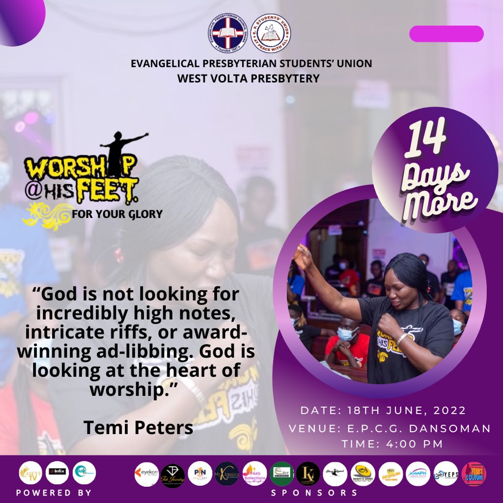 epsuwvp's tweet photo. “God is not looking for incredibly high notes, intricate riffs, or award-winning ad-libbing. God is looking at the heart of worship.” - Temi Peters
Save the date for a true worship experience!!
W@HF ‘22…. For Your Glory🙌🏽
#EPSUWestVee #EPSUWVP
#WAHF
#ForYourGlory
#WAHF22 https://t.co/ZAlLoISrTo