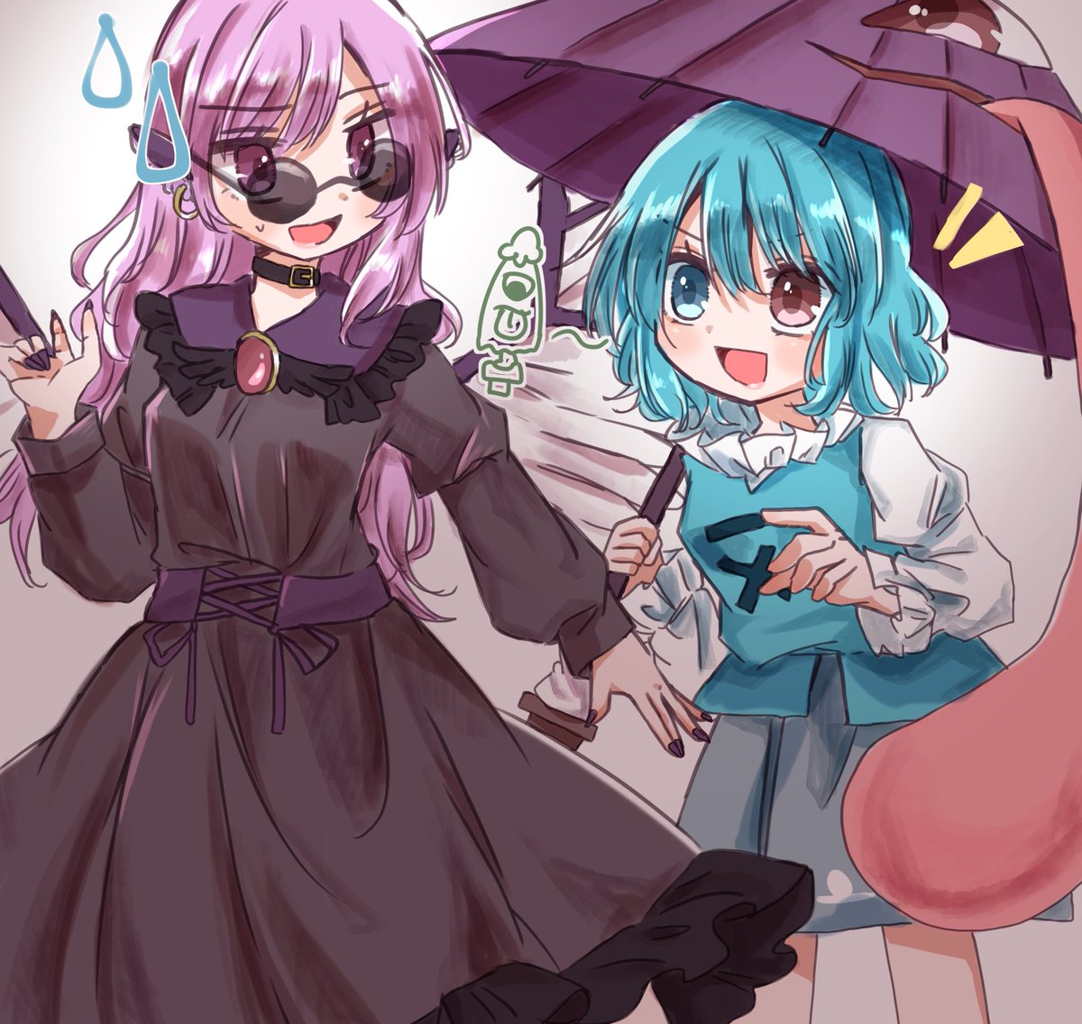 tatara kogasa multiple girls 2girls umbrella heterochromia blue hair juliet sleeves long sleeves  illustration images