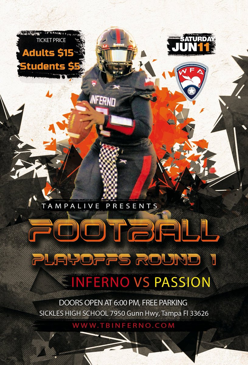 tbinferno's tweet photo. Playoffs Round #1, Tampa vs Pittsburgh, Saturday, June 11th at Sickles High School 7950 Gunn Hwy, Tampa, FL 33626. Kickoff 7 pm! Tickets can be purchased at the gate: Adults $15, Students/Seniors/Military $5 #wfa #tbinferno #IAmInferno #PittsburghPassion https://t.co/0WBVuqLwU4