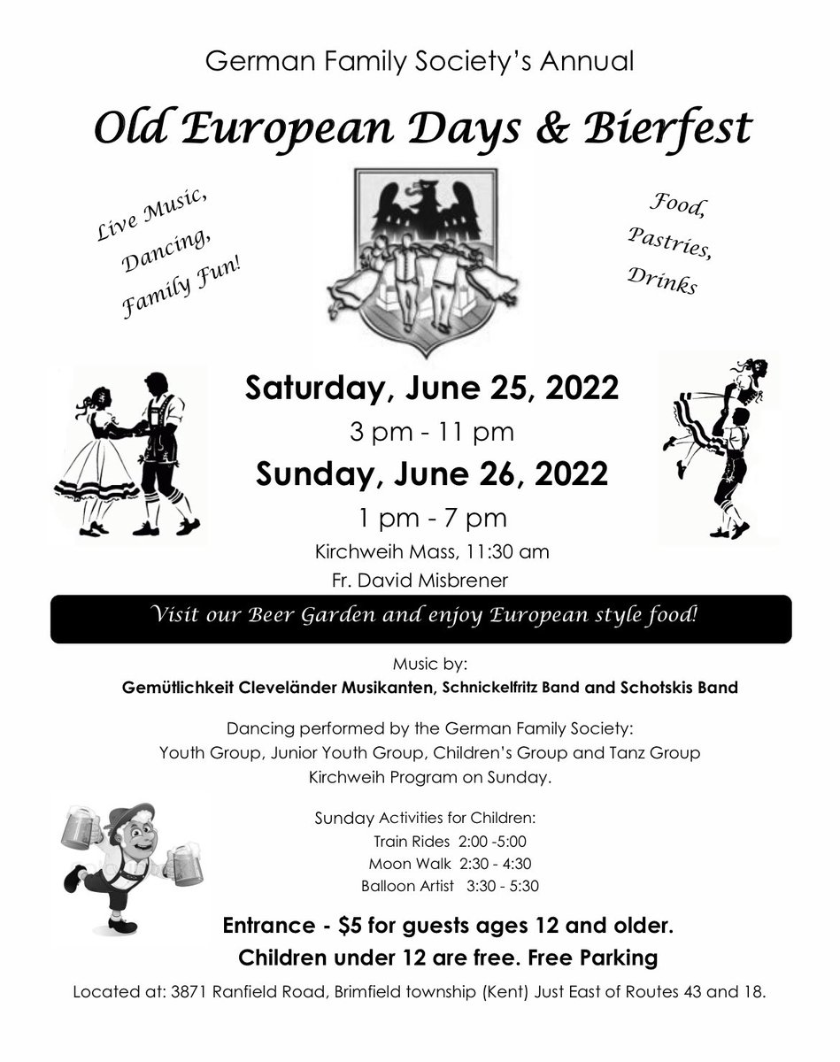 3 WEEKS UNTIL OLD EUROPEAN FEST! 🍺🥨 

Saturday June 25th 3pm-11pm
Sunday June 26 1pm-7pm 

$5 entrance fee for guests ages 12 and up | Children under 12 are free 

Live Musik, dancing, homemade European style food, pastries and bier! 

#akrongfs #oldeuropeanfest #donauschwaben