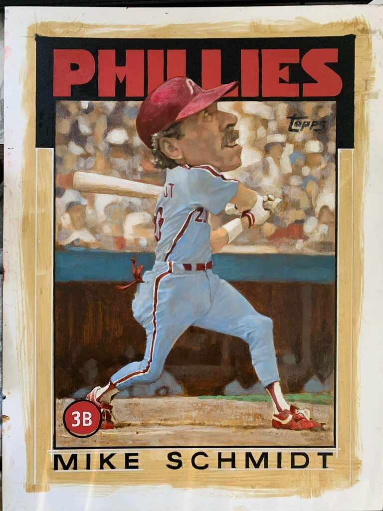 noahstokesart's tweet photo. I got a chance yesterday afternoon to lay some color on Mr Schmidt. Really love how the underpainting works it’s magic. One pass of color and things start to get exciting! #mikeschmidt #1986topps #phillies #hofbaseball #cooperstown #baseballart #phillies… https://t.co/laeSy5eGIJ https://t.co/T81fIRSLxx