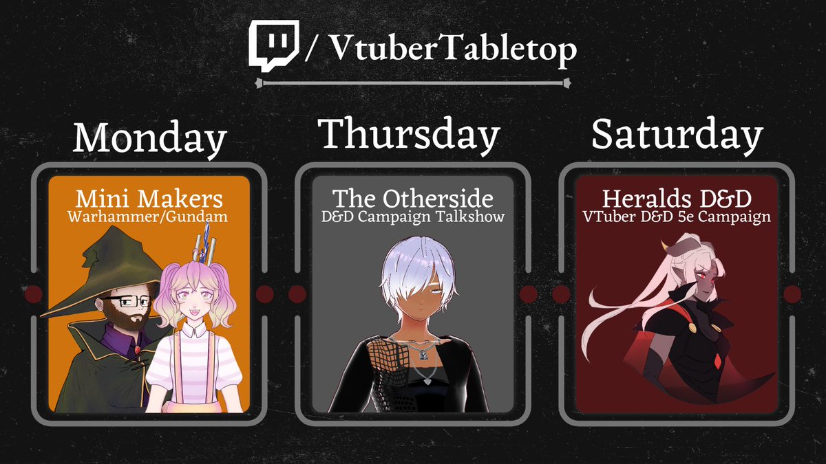 VTuber_Tabletop's tweet photo. Our schedule for next week! 

Alongside Heralds, this coming week will see a return for both Mini Makers (Hosted by @MerlinTM + @PasteltheSnake) and The Otherside (Hosted by @UsubeniY).

#VTuberEN #Vtuber #dnd https://t.co/Pyi2Ha1yrO