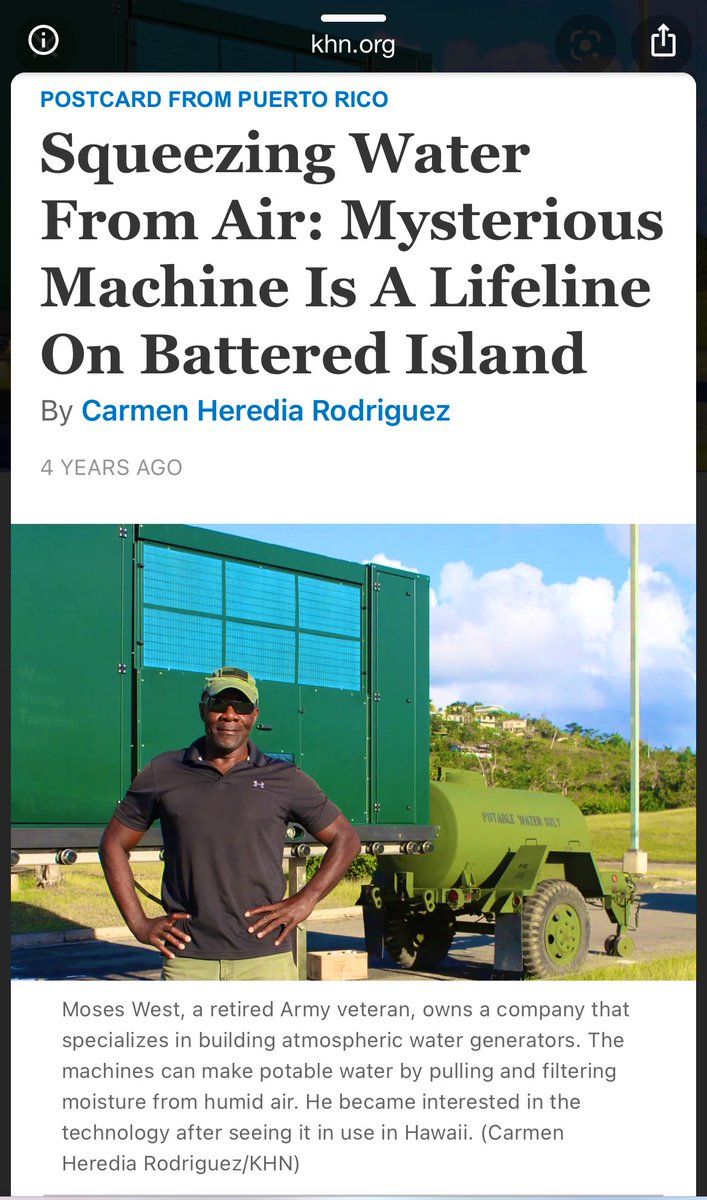 EbonyJHilton_MD's tweet photo. Have you all ever heard of #AtmosphericWaterGenerators? Where you literally make drinkable water from air. I hadn’t, but as soon as I heard it I thought of course… and brilliant!
Well, meet the amazing inventor:
Mr. Moses West, from Texas.
Video: https://t.co/vZHcIUnZgc
. https://t.co/oftfNeYSWV
