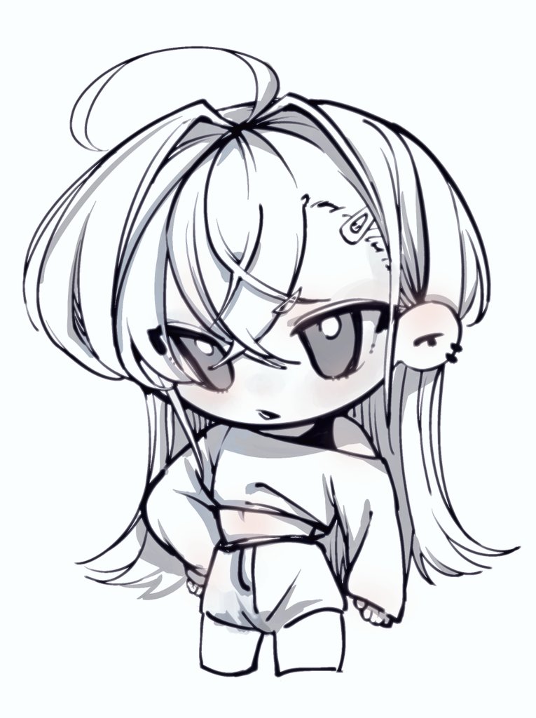 solo 1girl chibi ahoge monochrome long hair shorts  illustration images