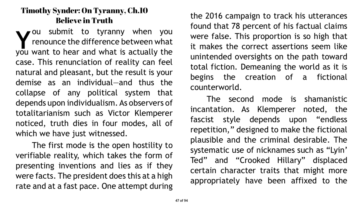 cameronkgvi's tweet photo. @ExposingALEC #BelieveInTruth This is an important thread on the spread of Misinformation, which is deadly to Democracy. The existential threat from #TFG is real
@TimothyDSnyder: "You submit to tyranny when you renounce the difference between what you want to hear and is actually the case," https://t.co/tyoQ6io347