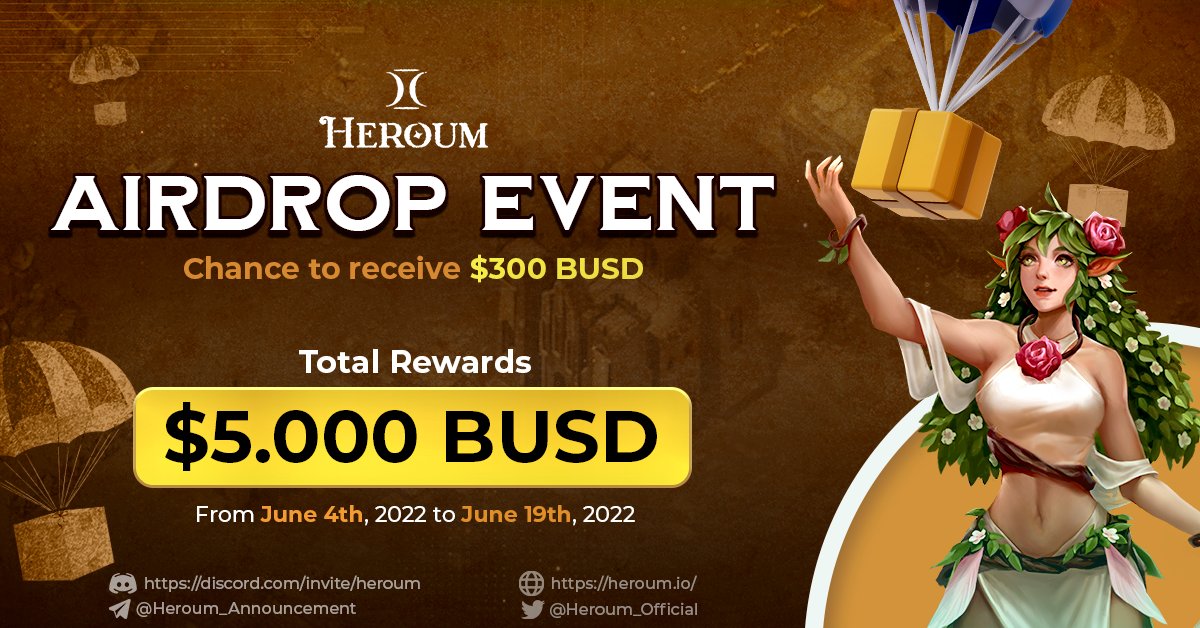 💥HEROUM FIRST AIRDROP - PRIZE POOL IS OVER $5000
➡️ Join NOW for a chance to win $300:  gleam.io/OLzW4/heroum-b…

⌛️ June 04th – 19th
🎁 Rewards: 🏆 Top 1: 300 BUSD
🎯 Top 2-10: 30 BUSD
🎯 Top 11-50: 10 BUSD
🎯 Top 51-100: 5 BUSD
Random 101-2000: 2 BUSD/each

#Heroum #Airdrop