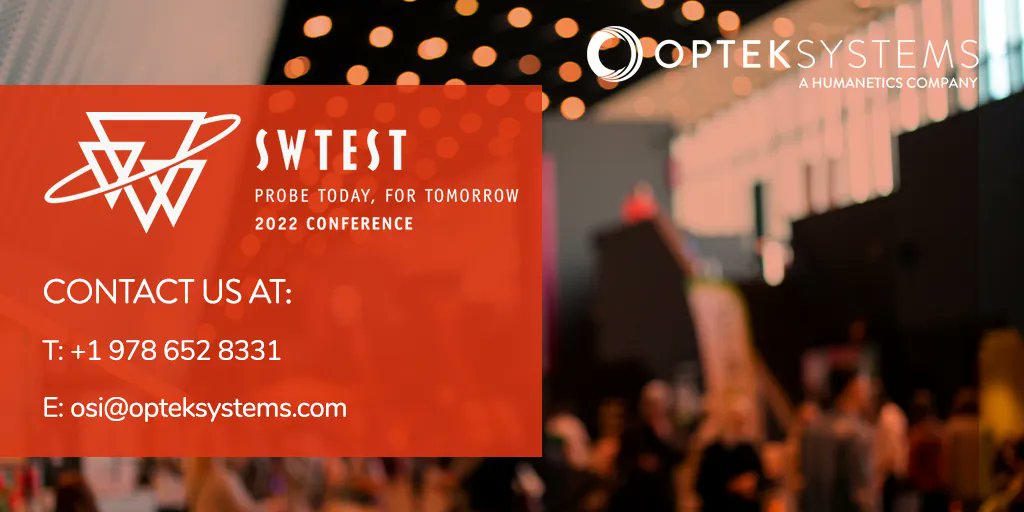 OptekSystems's tweet image. Tomorrow brings the start of #SWTest2022 and we’d like to remind you that OpTek will be there to speak with you during the event. If you haven’t yet arranged a time to see us, feel free to get in touch via the details below.