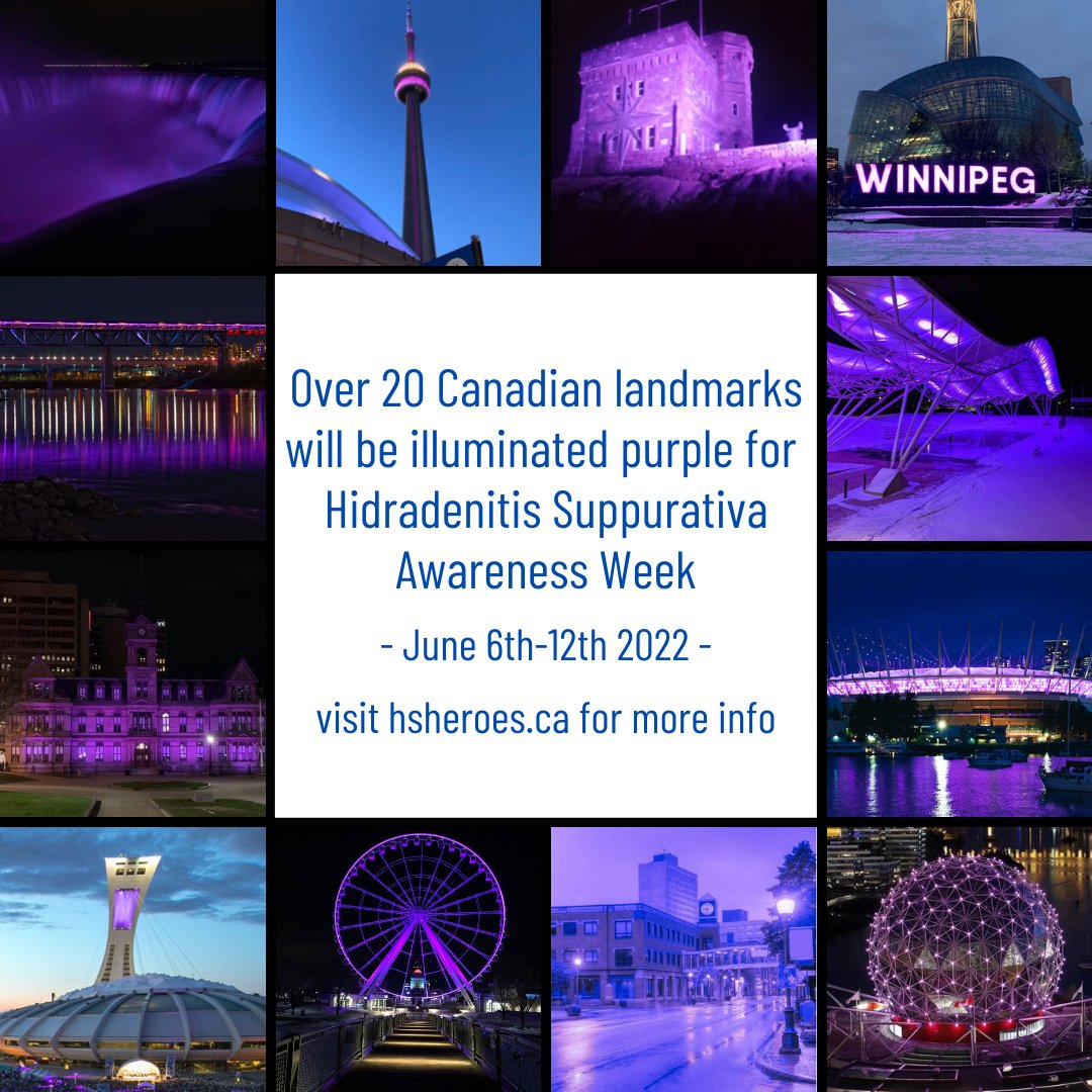 hsheroesca's tweet photo. Check out https://t.co/vNO0sPx7yv for a full list of illuminations!

#HSHeroes #HidradenitisSuppurativa #Illuminate4HS #ChronicIllness #Walking4HS #HSAwarenessWeek2022 #Toronto #Mississauga #vancouver #FortMcMurray #Winnipeg #halifax #Moncton #Montreal #NiagaraFalls #Awareness https://t.co/FGxojDlwkT