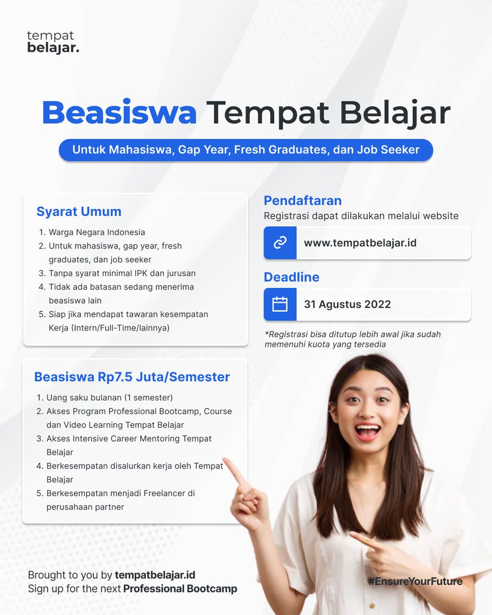 Kabar bahagia untuk kita semua, Tempat Belajar kini ada Beasiswanya 🎶🎶
Ini nih maksud Miners, 

🎖️ Beasiswa Tempat Belajar untuk Seluruh Mahasiswa, Gap Year, Fresh Graduates, dan Job-Seeker