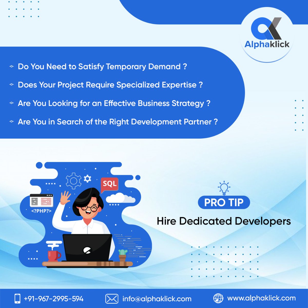 alphaklick1's tweet image. Is your team overloaded with tasks and unable to take on more of the business processes? This is the time when Alphaklick Solutions really help you.
#dedicateddeveloper #dedicateddevelopers #dedicateddevelopersteam #hiringdedicateddeveloper #hiringdevelopers  #alphaklicksolutions