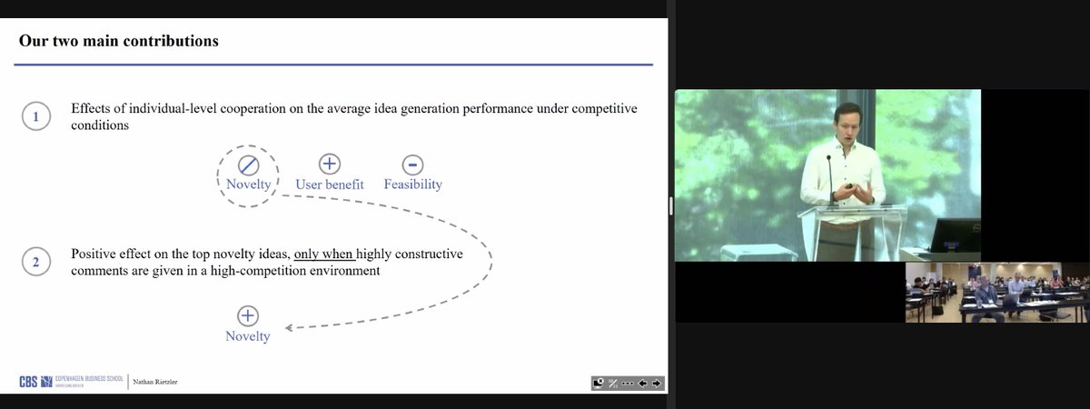 <a href="/NathanRietzler/">Nathan Rietzler</a> <a href="/SI_Copenhagen/">Strategy and Innovation</a> elaborates on the insights from his work re: the effect of cooperation on idea generation in crowdsourcing contests. Interesting ideas on the interplay between competition and collaboration, and cool empirical design leveraging experiments #ccc2022