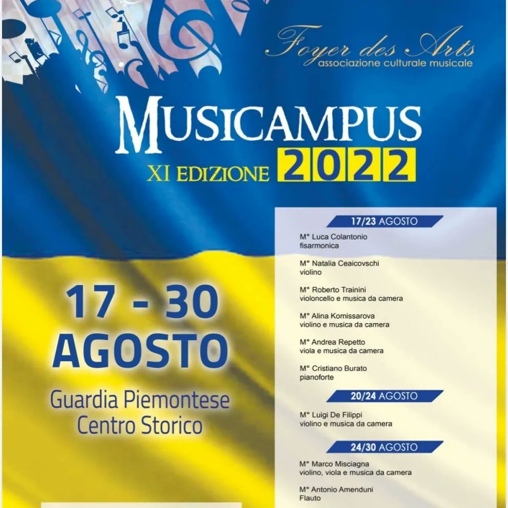 approfondimento musicale estivo : Mastercalss di Violino e musica da camera, 20/24 agosto 2022 con il M^ Luigi De Filippi, nella bellissima cornice del centro storico Guardia Piemontese, insieme a Foyers des Arts Musicampus.
Maggiori info. e contatti 🎯 nella locandina