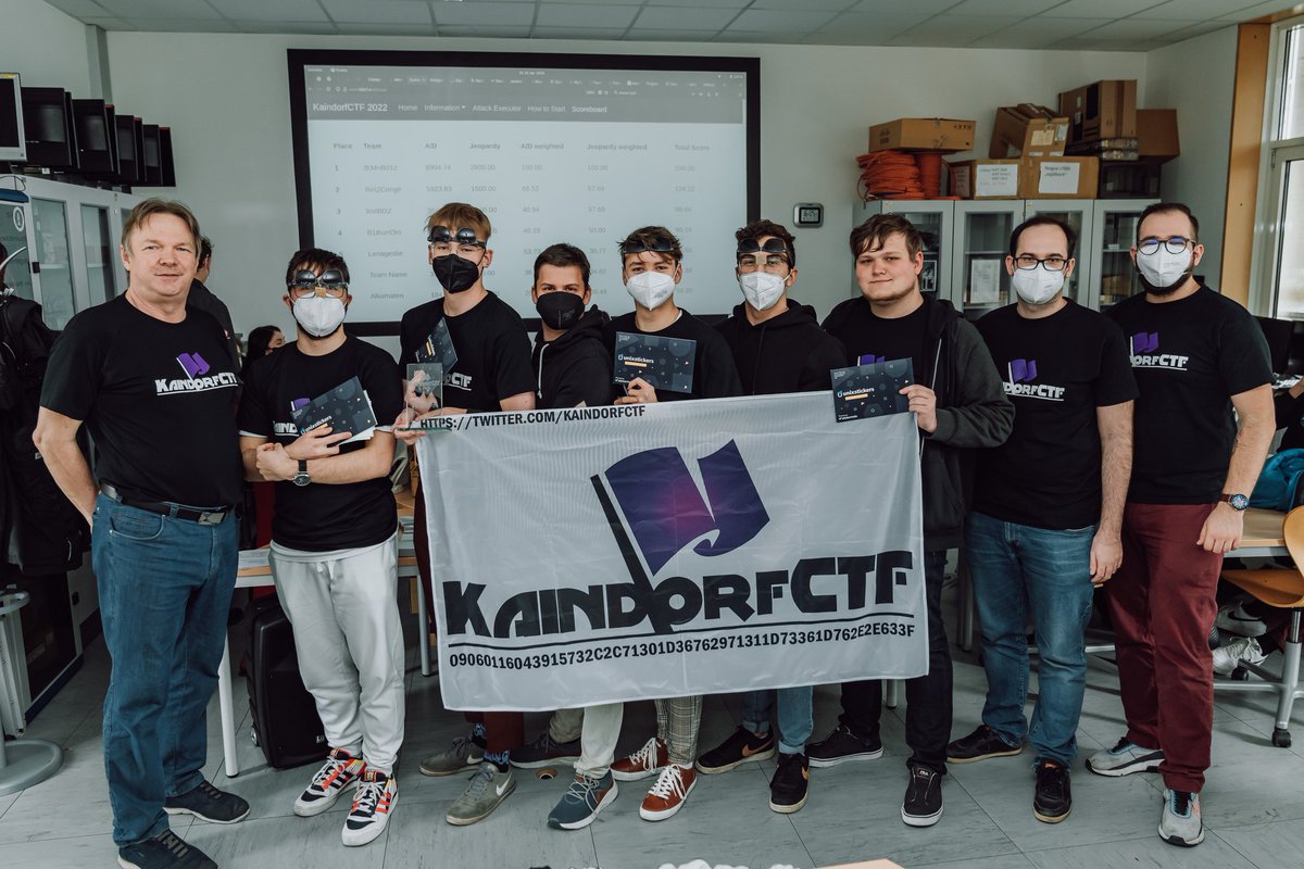 KaindorfCTF's tweet photo. You remember #B34NB01Z winning #KDCTF22? Well we have got some good news and some bad news.

Bad news, they are put of school and will not be able to participate next year 😢

Good news, they will help us organize #KDCTF23 😎 https://t.co/TArMnOc2k0