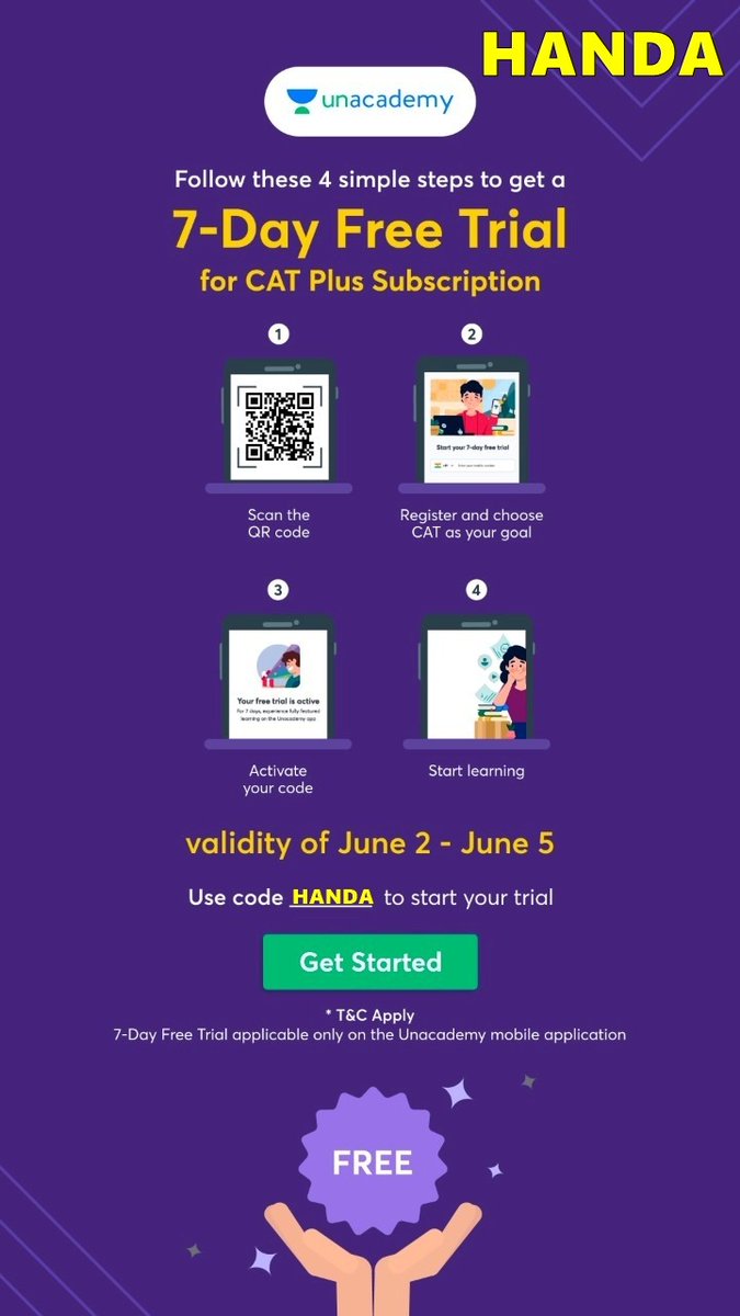 ravihanda's tweet photo. Want access to huge database of CAT prep material for free?

Here are three easy steps:
1) Scan this QR code
2) Enter HANDA as coupon code
3) Get free subscription of @unacademy CAT courses for 7 days. 

Pro tip: All presentations for all past classes are available for download. https://t.co/8gGyZJTbyc