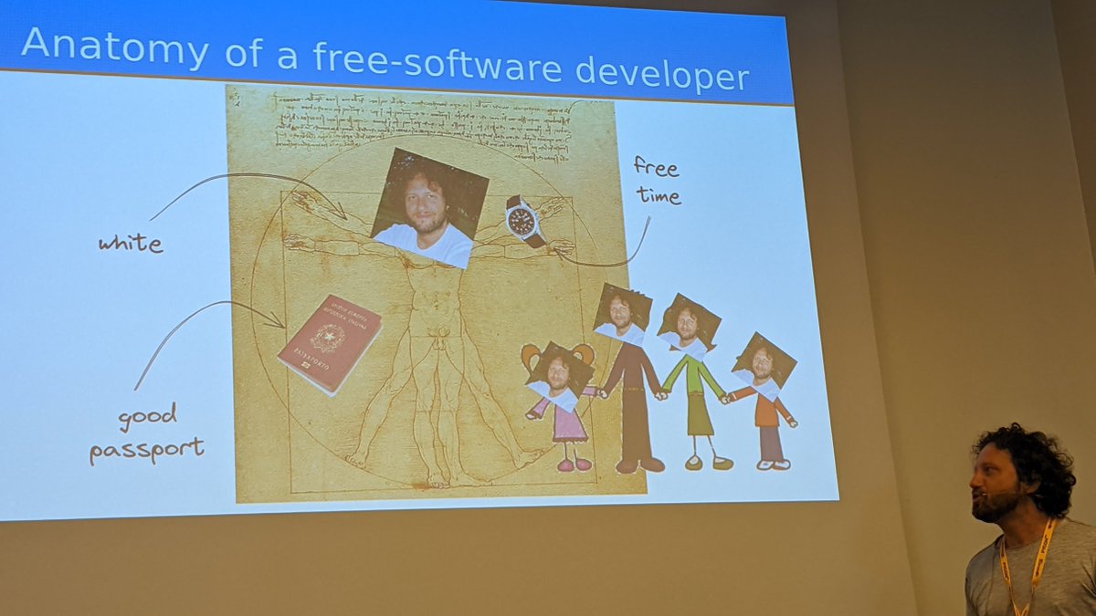Daniele from @psycopg acknowledging that privilege is one of the things that makes him a free software developer. #PyConIT2022