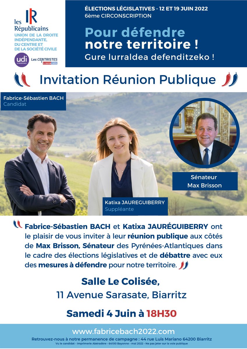 Fabrice-Sébastien Bach (@fabricebach2022) on Twitter photo 🚀Un candidat à votre écoute !
Venez poser vos questions et débattre avec nous, ce soir à 18H30, salle Le Colisée à Biarritz !
<a href="/max_brisson/">Max Brisson</a>
#PourVousDefendre #legislatives2022 🚀Un candidat à votre écoute !
Venez poser vos questions et débattre avec nous, ce soir à 18H30, salle Le Colisée à Biarritz !
<a href="/max_brisson/">Max Brisson</a>
#PourVousDefendre #legislatives2022