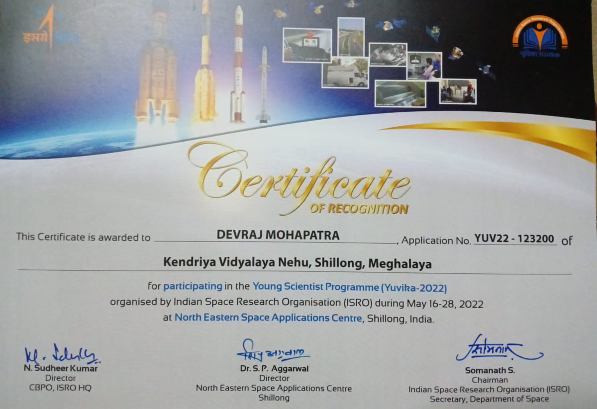 kvnehushillong's tweet photo. "Dream it, then make it happen." 
Master Devraj Mohapatra of Class- IX participated in Young Scientist Programme (YUVIKA-2022) organised by ISRO during 16-28 May,2022 at North East Space Application Centre, Shillong. Congratulations and best wishes for his future.
@KVSRO_Silchar https://t.co/6Ky2GRYPIw