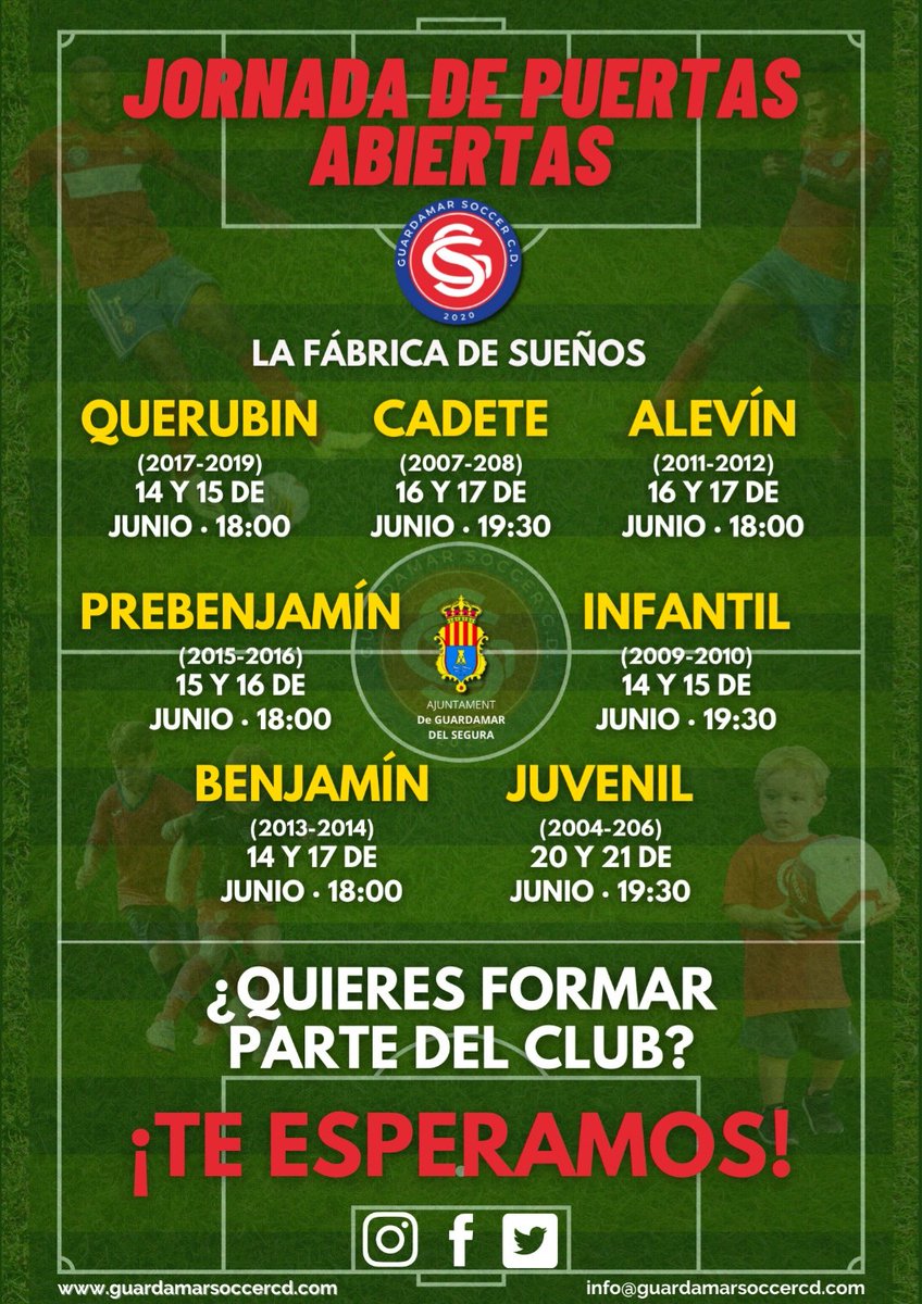 Guardamar_CD's tweet photo. Fechas para pruebas y captaciones en LA FÁBRICA DE SUEÑOS DEL GUARDAMAR SOCCER CLUB DEPORTIVO. https://t.co/tJ3seYkGET