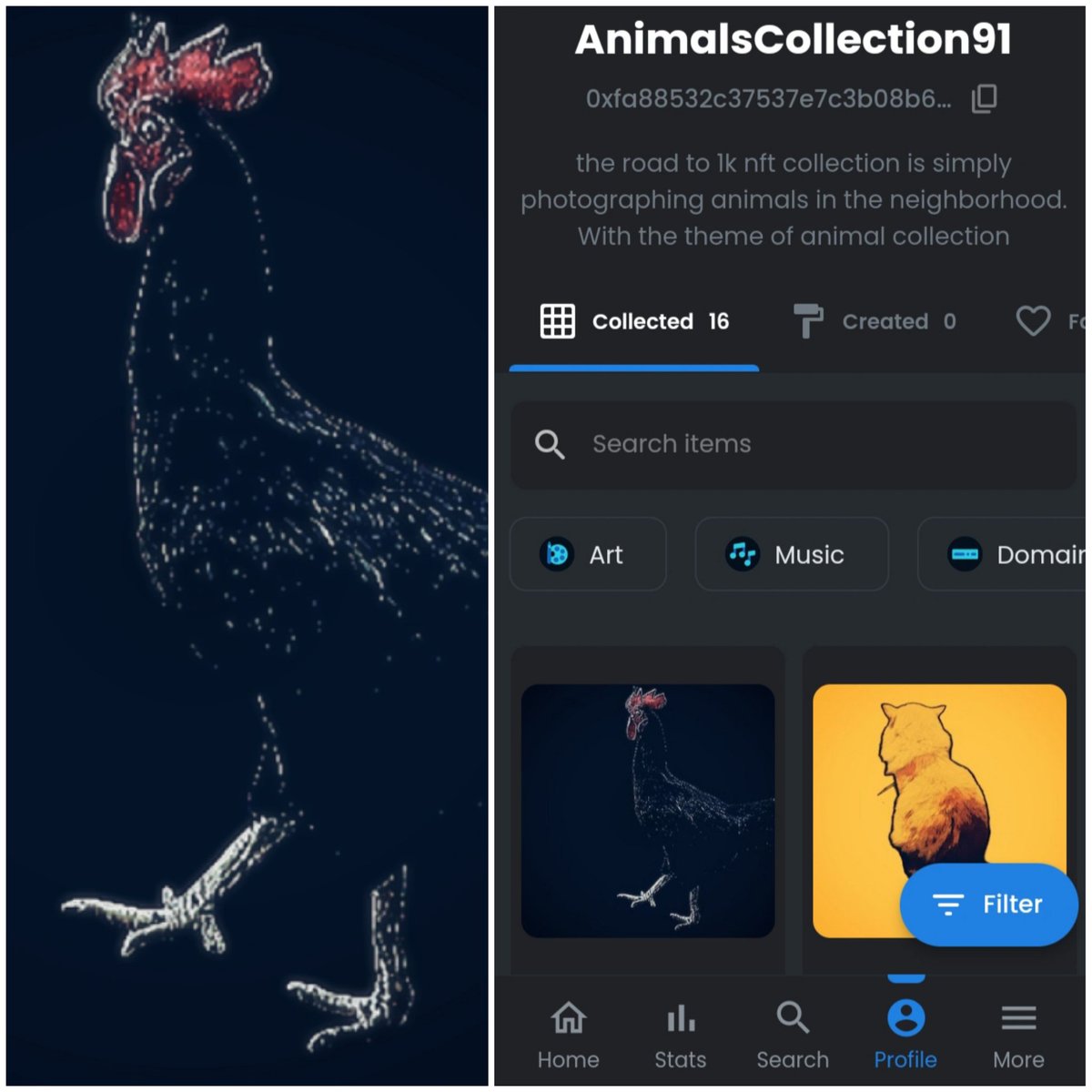 AnimalsARTz's tweet image. My new Animals Collection ( CHICKEN )
Saturday afternoon 12:30 pm
*link is in bio*
#nftproject #nftdrop #nftsale #nftsales #nftcommunity #nftcollection #nftnews #nftartists #nftcollectors