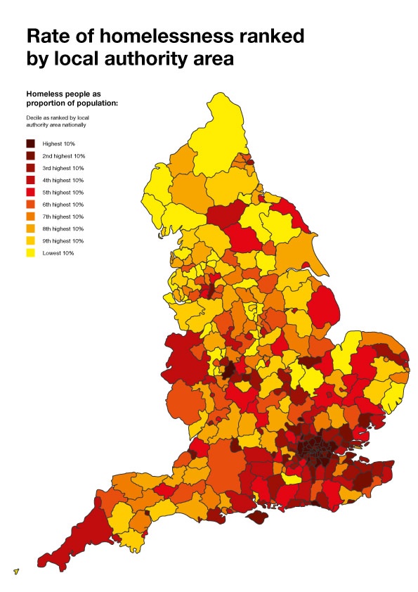 Rate of homelessness ranked
by local authority area