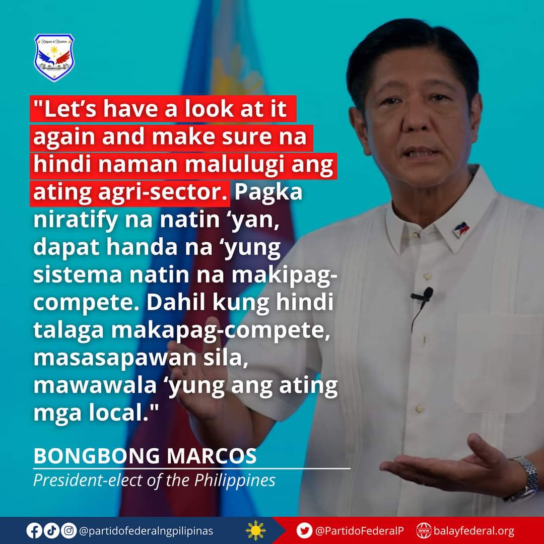 PartidoFederalP's tweet photo. President @bongbongmarcos wants another look at the Philippines' readiness for the Regional Comprehensive Economic Partnership (RCEP) trade agreement.

#PartidoFederalngPilipinas https://t.co/dHVpq3lDNe