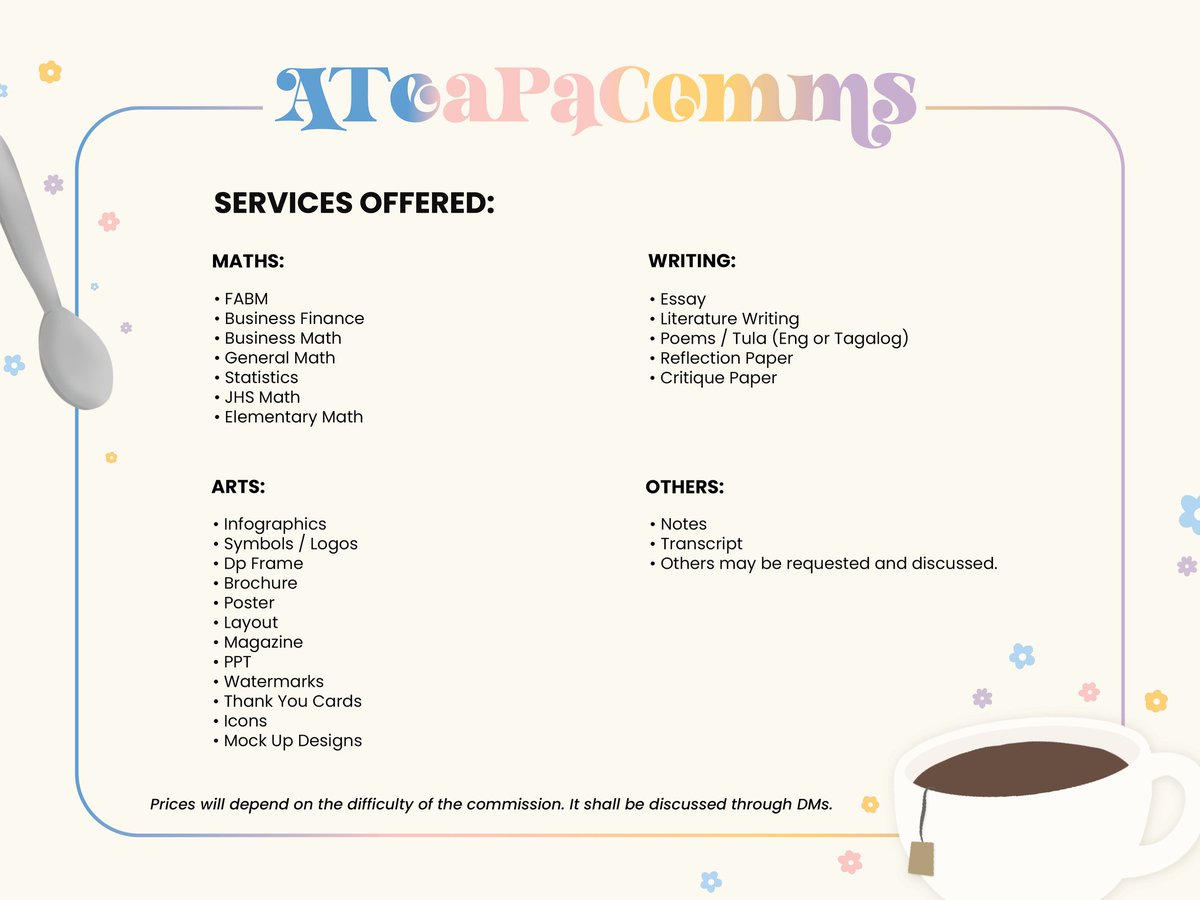 ATeaPaComms's tweet photo. 📜📜📜

Hear Ye! Hear Ye! 

Ladies and Gentlemen, you're all invited to our tea party! 🫖

Commissions are open!

Still got pendings that you need to work on, but gahol na sa oras? Send us a DM here at @ATeaPaComms and we'll help you with those!

Sincerely,
🧃👸☕🧸 https://t.co/H6qHg40ecO
