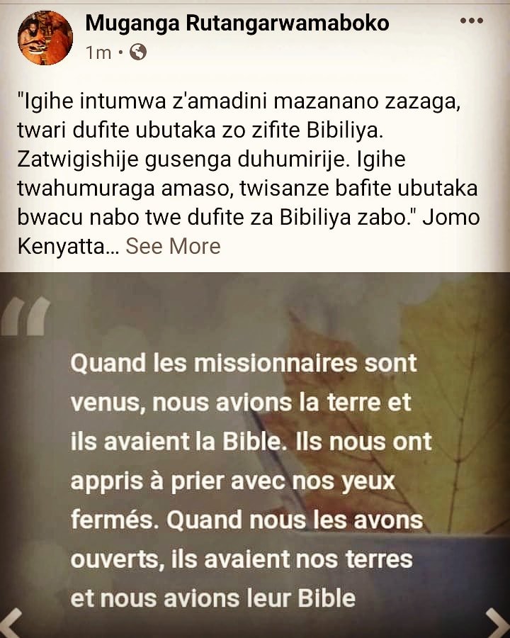RTANGARWMABOKO's tweet photo. "Igihe intumwa z'amadini mazanano zazaga, twari dufite ubutaka zo zifite Bibiliya. Zatwigishije gusenga duhumirije. Igihe twahumuraga amaso, twisanze bafite ubutaka bwacu nabo twe dufite za Bibiliya zabo."Jomo Kenyatta
Ng'ako agakiza mwungutse di!
#Ubuhone gusa! https://t.co/NhB1or2rwe