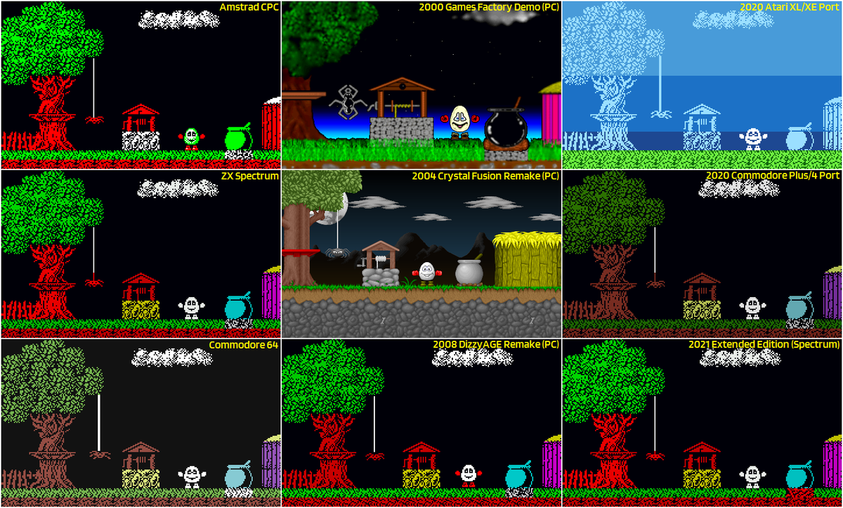 yolkfolk_com's tweet photo. Multiple versions of the first screen from Dizzy TUCA.
3 official, 6 fan-made/unofficial. 🥚
#dizzy35 #dizzy #yolkfolk #retrogaming #olivertwins #codemasters #zxspectrum #amstrad #commodore64 #pc #dizzyage #atarixlxe #commodoreplus4 #extendededition https://t.co/FgTP8iLjTp