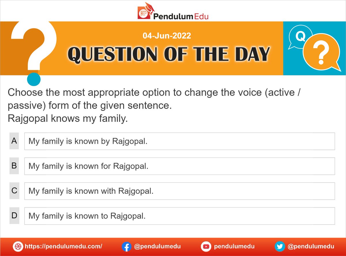 pendulumedu's tweet image. Attempt this QOTD and know the explanation here - bit.ly/3xk0w2Y
#activevoice #passivevoice #activepassive #englishgrammar #pendulumedu #ssccgl #uppcs #tnpsc #appsc #mppsc #ssccgl #rrbntpc