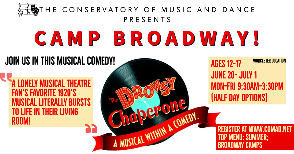 conta.cc/3meHDb7
"Drowsy Chaperone"-June 20- July 1 Ages 12-17! Hurry and Register for this hilarious musical! A Broadway Favorite
Register Now!