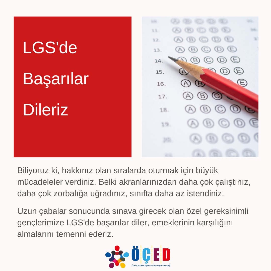 ocedorgtr's tweet photo. LGS sınavında başarılar dileriz.

#öçed #otizm #downsendorumu #nadirhastalıklar #özeleğitim #lgs https://t.co/ed70zfChtW