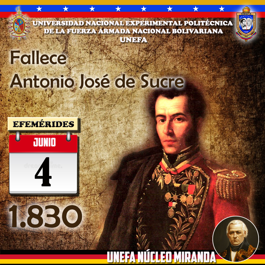 Nucleo_Miranda's tweet photo. UNEFA #Efemérides #NúcleoMiranda Un día como hoy #4Junio en el año de 1.830, muere en una emboscada en la montaña de Berruecos, Colombia, el Gran Mariscal de Ayacucho, Antonio José de Sucre. 
@angiolillofp @UNEFA_VRRC @Unefa_VEN @marchahil https://t.co/wzm5h9QgsC