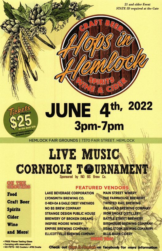 ConesuslakeC's tweet photo. Hops in Hemlock Today, June 4th at 3:00 PM. The venue is the Hemlock Fairgrounds in the Hamlet of Hemlock, NY. This year's event boasts over 30+ breweries, wineries, cideries and distilleries. Also food, music and games! Tickets are limited, so get there early.... https://t.co/mx5zBqHo7u