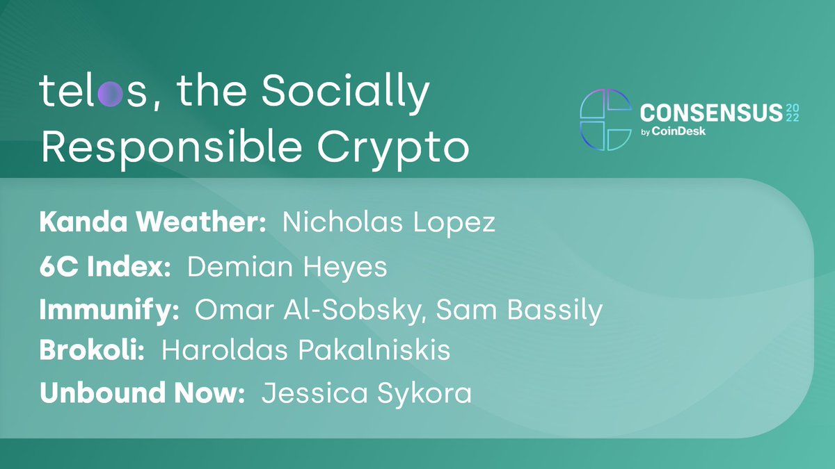#TelosWorld🌎 @consensus2022 Speakers
 
What makes #Telos a socially responsible blockchain? Our partners share their thoughts on our ESG initiatives.

📍 Where: Meeting Room 2, First Floor
📆 When: Friday, June 10th (10:15 am)

#MeetTelos #HelloTelos #TelosAtConsensus