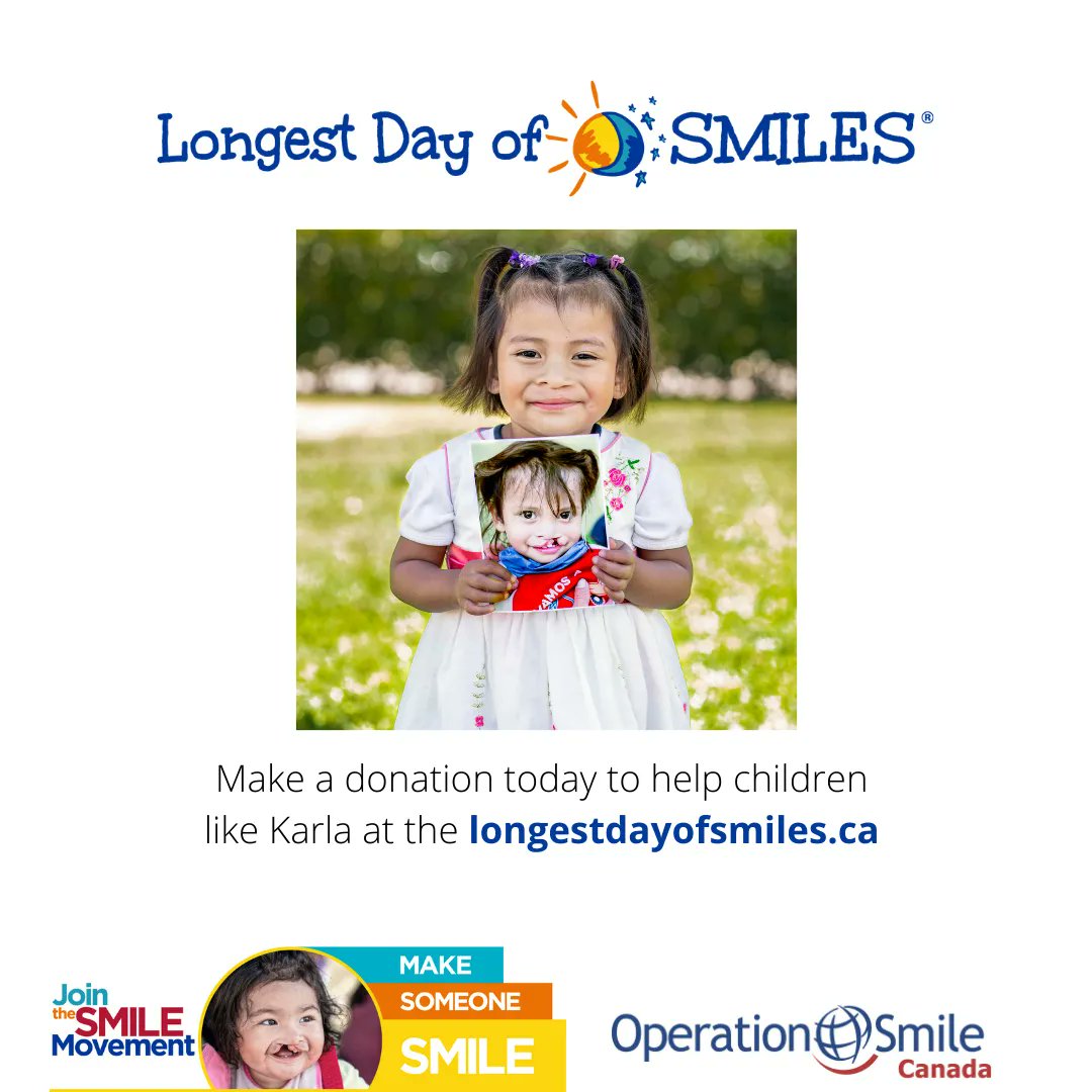 OpSmileCAN's tweet photo. Your generous gift will be doubled from now until June 19th, 2022, when you donate to help children like Karla at https://t.co/CW4W2Gy74M
#longestdayofsmiles #jointhesmilemovement #cleftlip #cleftpalate #operationsmilecanada #smile #cleftsurgeries #cleft #healthcare #newsmiles https://t.co/sNw7S9LEtP