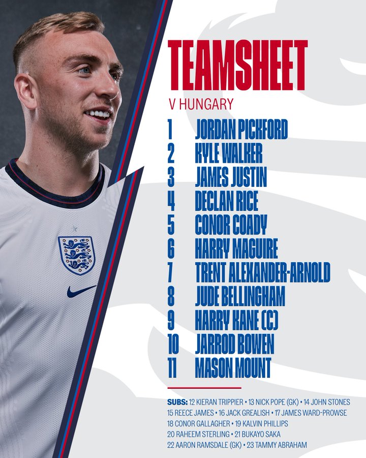 Starting XI: Pickford, Walker, Justin, Rice, Coady, Maguire, Alexander-Arnold, Bellingham, Kane (C), Bowen, Mount. Subs: Trippier, Pope, Stones, James, Grealish, Ward-Prowse, Gallagher, Phillips, Sterling, Saka, Ramsdale, Abraham.