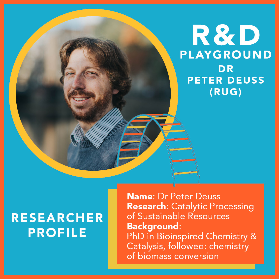 Meet Peter Deuss at the R&amp;D Playground on June 9th at ! Dr Peter Deuss will be sharing his insights about the topic of Biomass as sustainable carbon source.
R&amp;D Playground will take place from 3.00 p.m. - 5.30 p.m. at the FC Groningen Euroborg stadium a... bit.ly/3mbd0DE