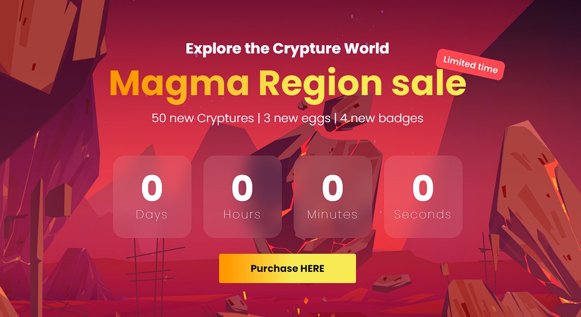 Magma Sale is now LIVE! ⚔️

Be the first one to discover the new Cryptures and maybe even hatch some Corrupted ones! 👀 

Founders Badge Sale Link: wax.atomichub.io/drops/90436+90…
Magma Badge and Public Sale Link: wax.atomichub.io/drops/90437+90…
#NFT #WAXP #crypture