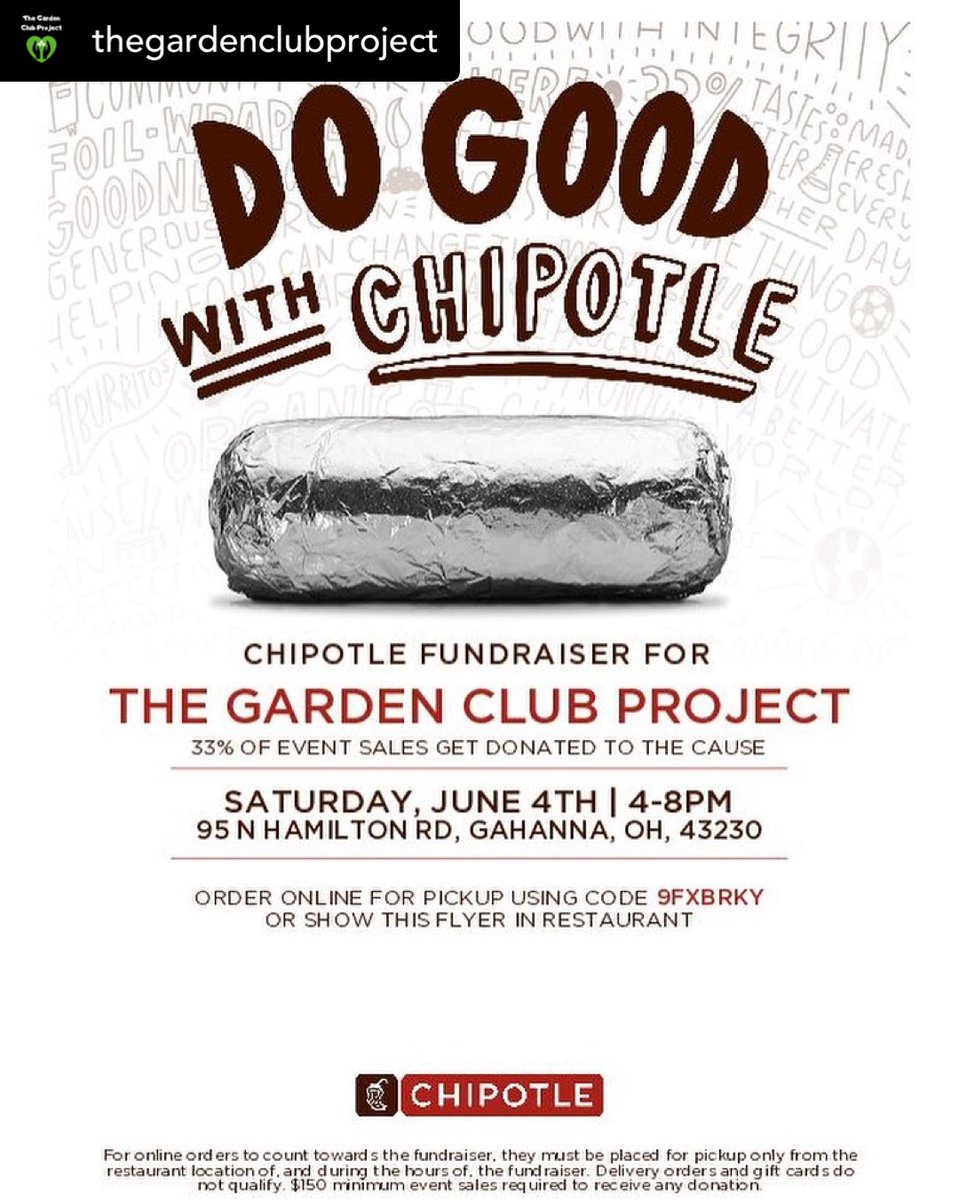 #gahanna #cityofgahanna
TODAY is the day!! The Garden Club Project is having a @chipotle fundraiser! Drop by or order online ( online code 9FXBRKY )to support us with  our mission to help end hunger and encourage kids to eat healthier. #thegardenclubproject