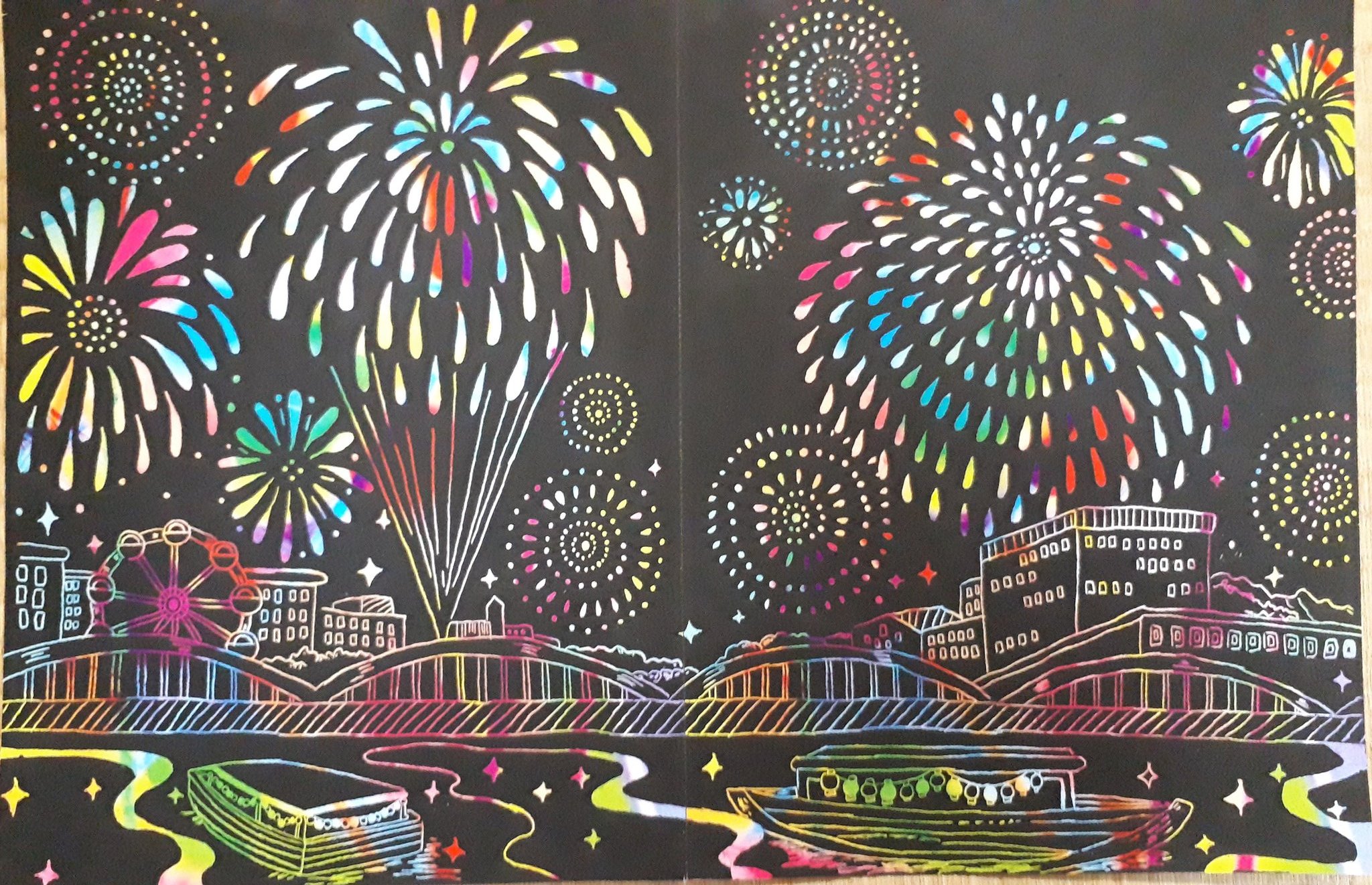 代引き不可】 OKUSU-JP 8枚セット スクラッチアート カラフラ ペーパーアート 削るだけで美しいアート 世界的に有名な観光 夜景 花火 面白い  塗
