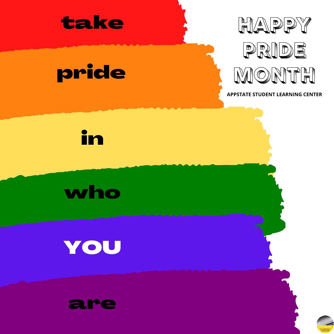 app_slc's tweet image. Happy Pride Month 🌈

The AppState Student Learning Center supports everyone in the LBGTQIA+ community! Let’s celebrate everyone being themselves! 
❤️🧡💛💚💙💜

#pridemonth #pride #appstatestudentlearningcenter #AppState #LBGTQIA+ #AppStateSLC #AppalachianStateUniversity